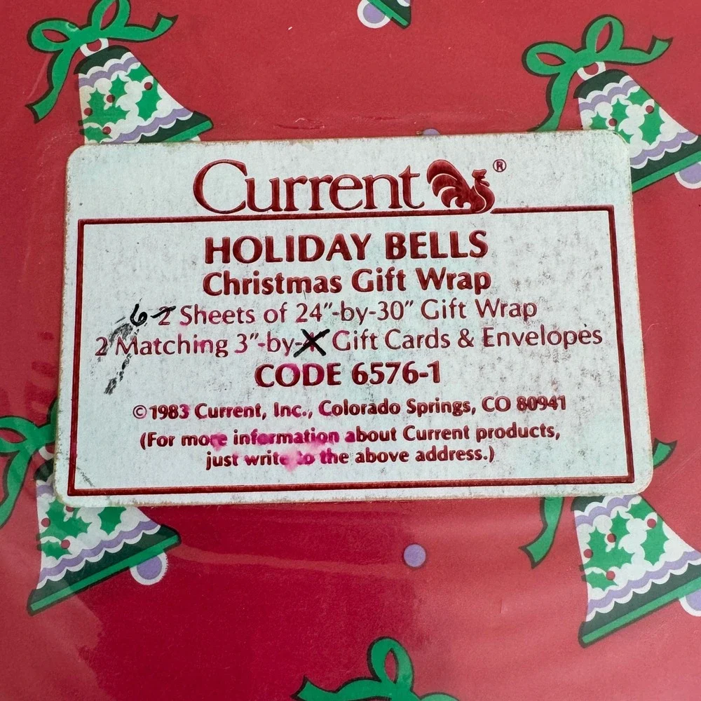 Vintage 1983 Current Holiday Bells Christmas Gift Wrap Teddy Bears Red